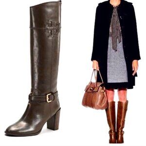 TORY BURCH Blaire T-logo Heeled Knee Boots Dark Brown Leather 10.5 MSRP $598